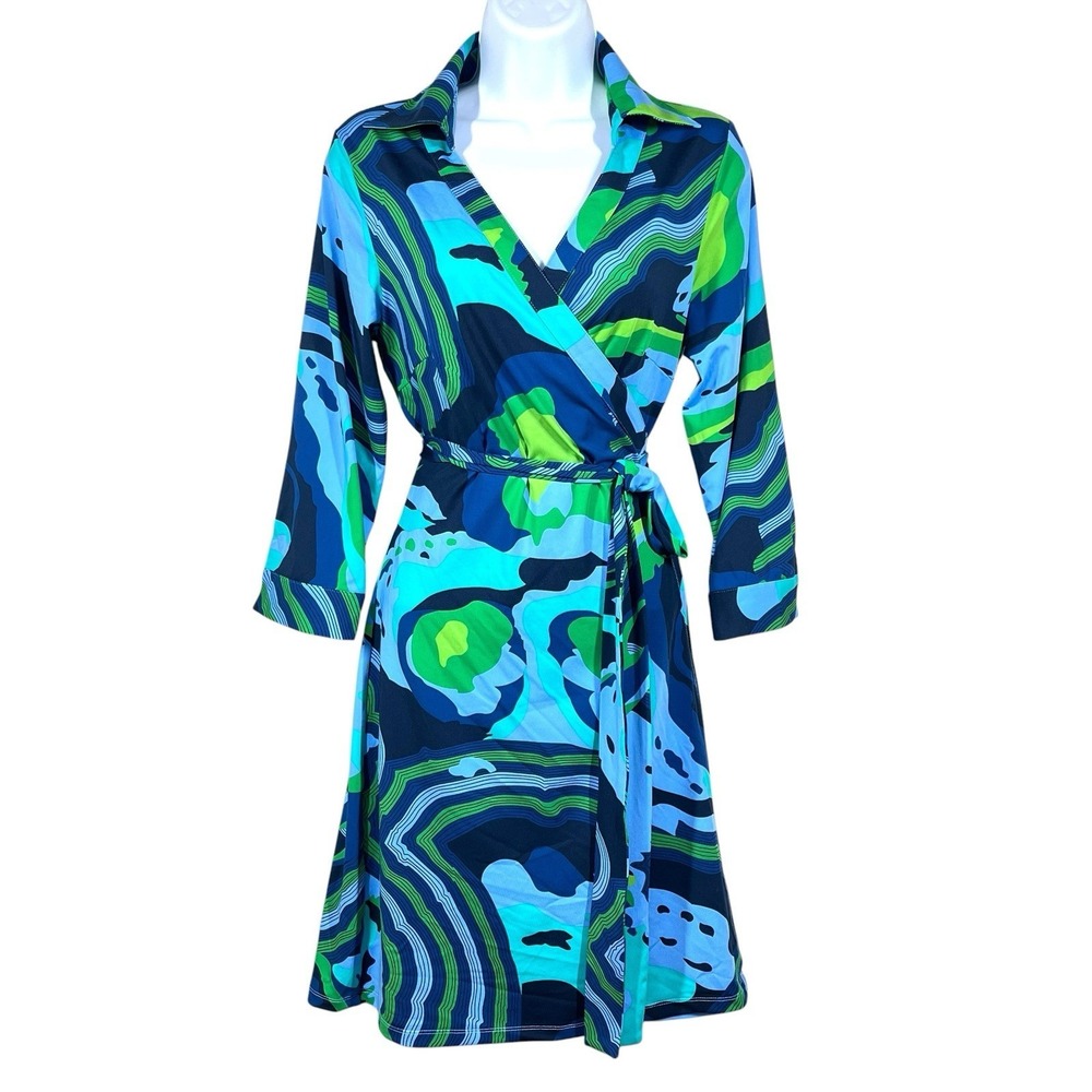Flora Bea NYC‎ Locomotion Milo Mini Wrap Dress Size M Vibrant Abstract Stretch
